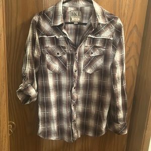 BKE Mens Slim Fit Western Shirt Black Brown Plaid Pearl Snap Long Sleeve Size M